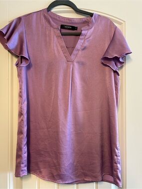 Tecrew Lavender Satin V-Neck Ruffle Sleeve Blouse
